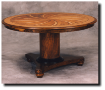 Table, 60" diameter x 30 h, curly koa, pheasant wood, bluegum eucalyputs