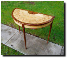 Demilune table, 32 x 16 x 28, curly big leaf maple, curly koa