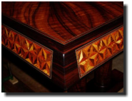 Dining Set, table: 42 x 80 x 30h, curly koa, macassar ebony (detail)